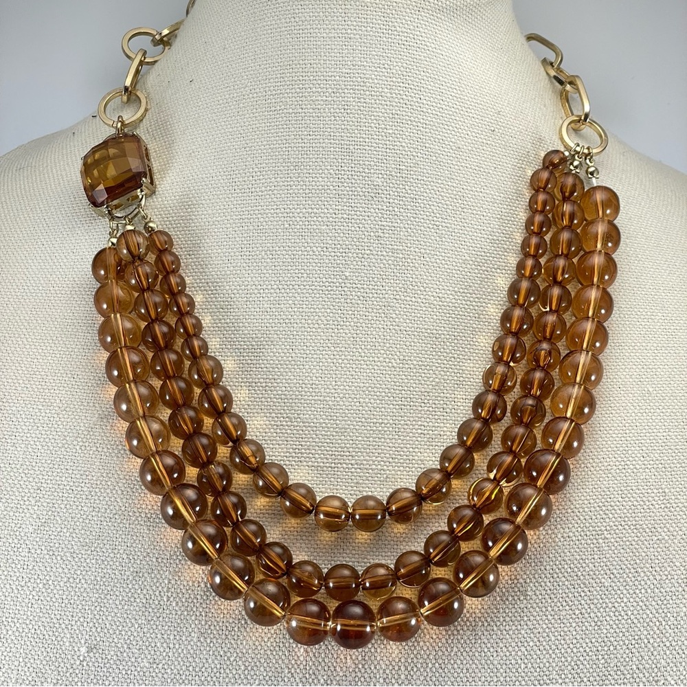 Stunning Unsigned Gold Tone Amber Color Glass Round Beaded Three Layer Necklace